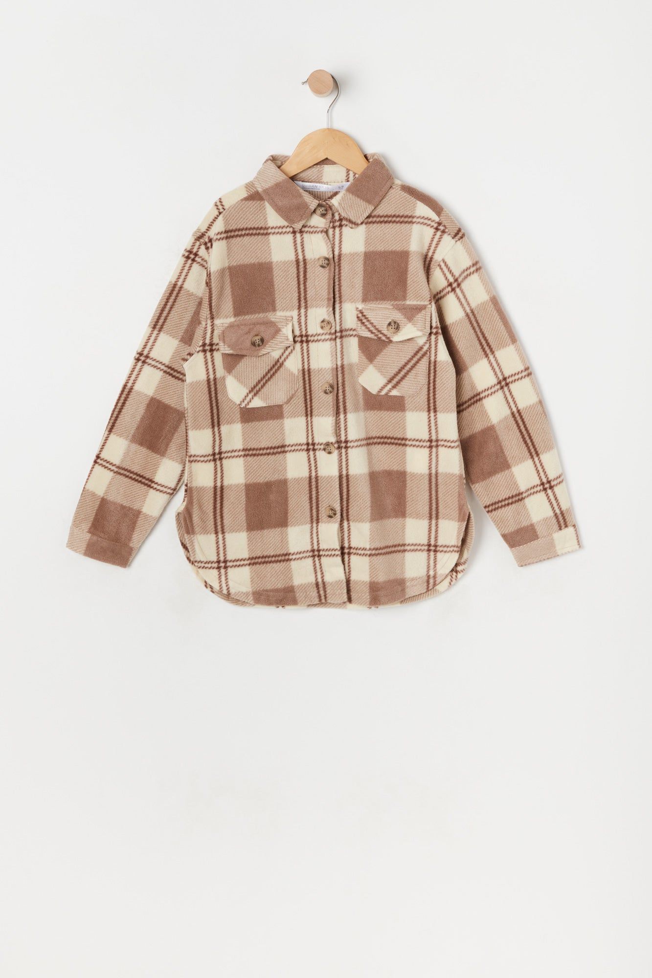 Girls Tan Plaid Polar Fleece Shacket sold by Urban Planet