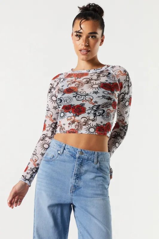 Rose Print Mesh Long Sleeve Crop Top sold by Urban Planet