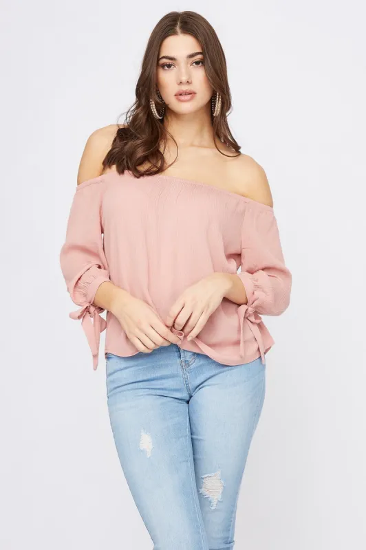 Off the Shoulder Self-Tie Long Sleeve Blouse sold by Urban Planet