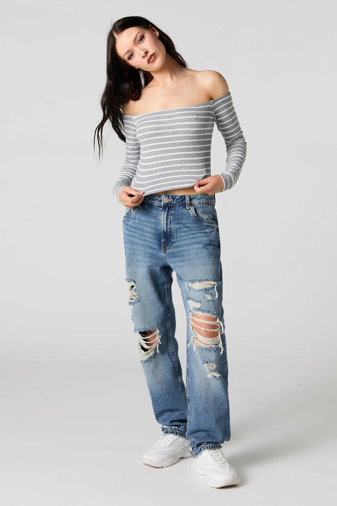 Haut côtelé rayé à épaules dénudées et manches longues sold by Urban Planet product image thumbnail 4