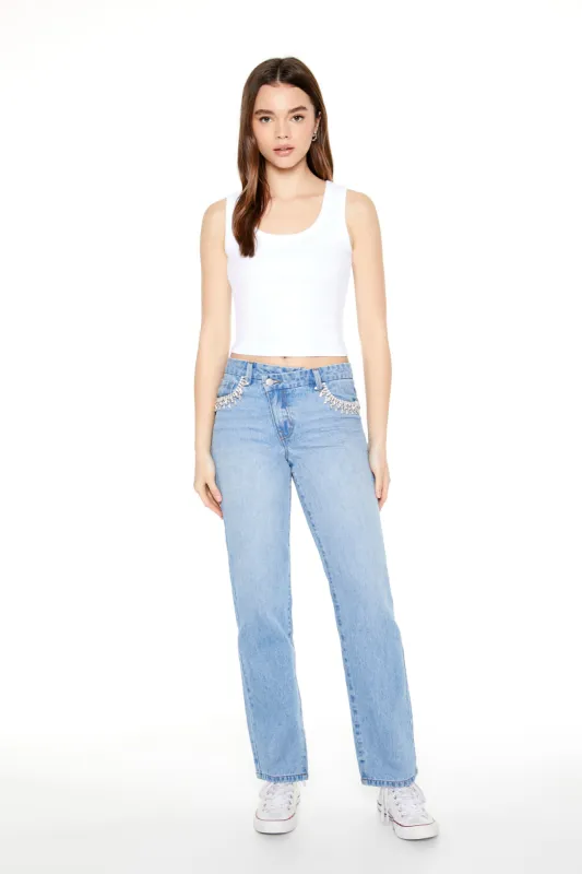 Jean en denim avec taille à surplis, pierres du Rhin et franges sold by Urban Planet