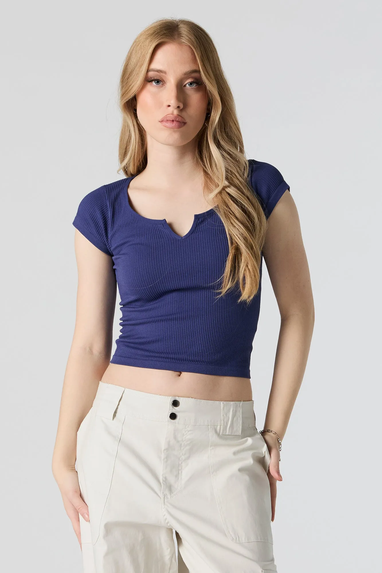 Seamless Ribbed Notch Neck T-Shirt sold by Urban Planet product image thumbnail 4