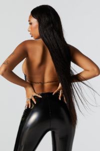 Black Metal Rhinestone Cowl Neck Top sold by Urban Planet