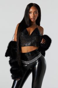 Black Metal Rhinestone Cowl Neck Top sold by Urban Planet