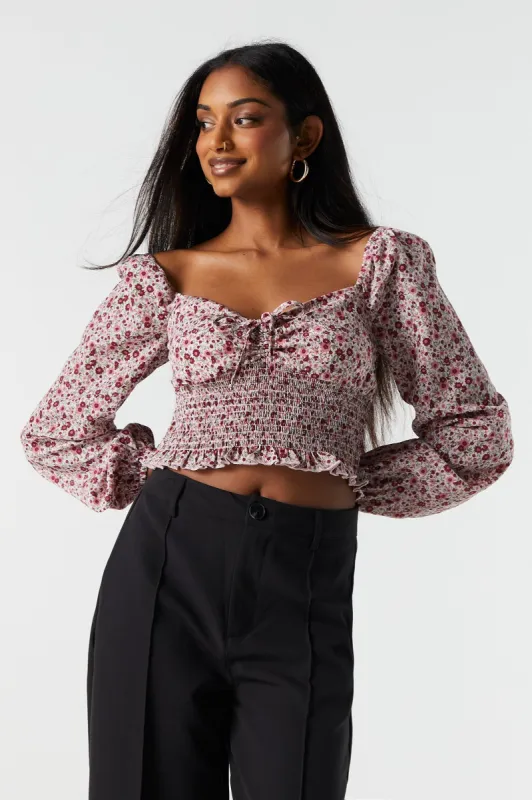 Purple Floral Smocked Milkmaid Top sold by Urban Planet