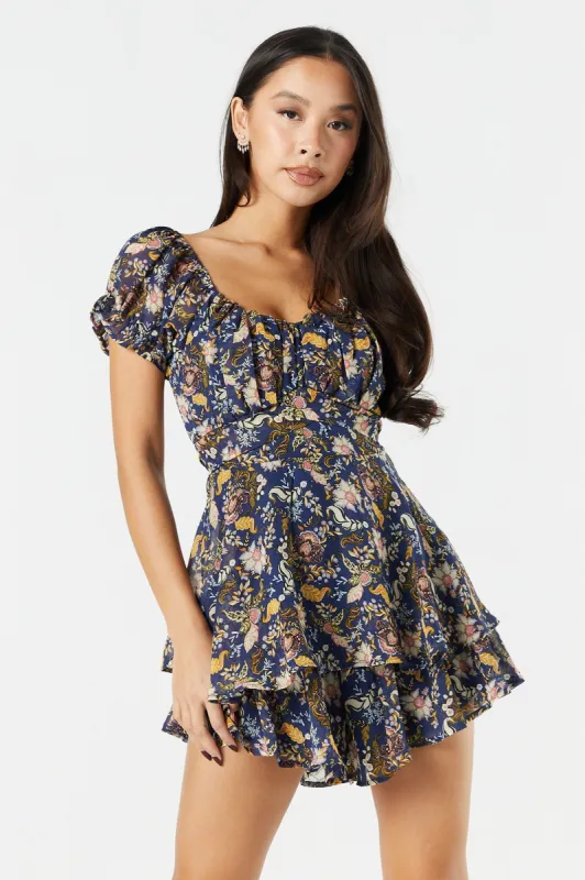 Combi-short en chiffon fleuri bleu à épaules dénudées sold by Urban Planet