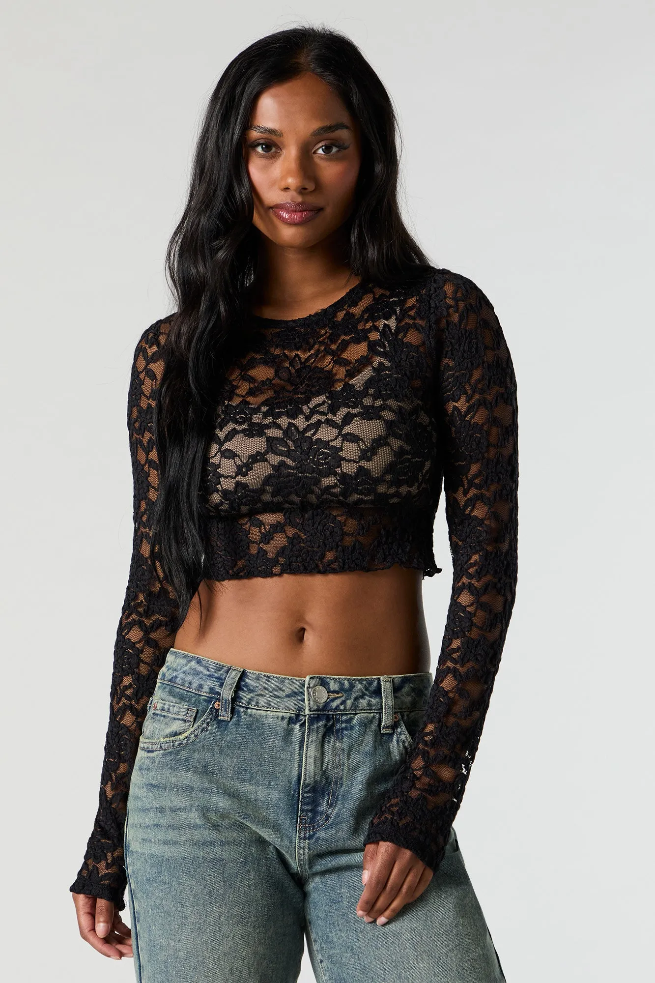 Floral Lace Cropped Long Sleeve Top sold by Urban Planet