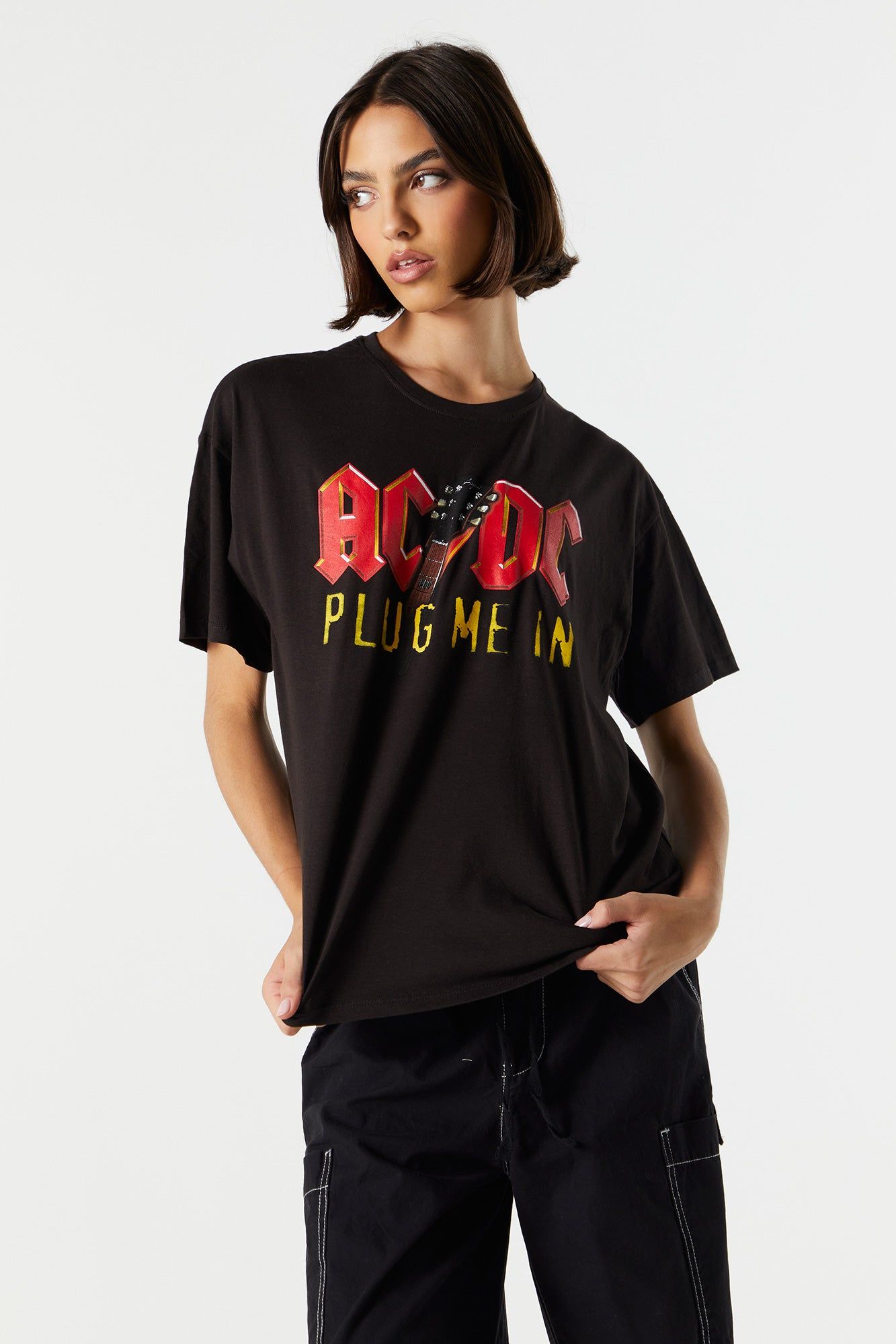 T-shirt de coupe garçonne noir à imprimé ACDC sold by Urban Planet