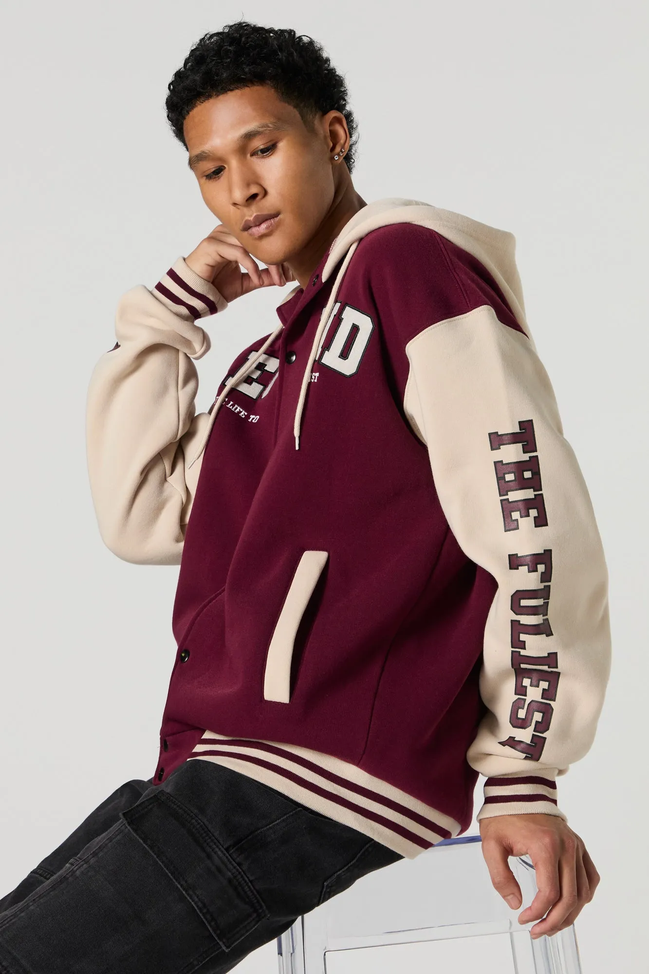 Embroidered Varsity Fleece Jacket sold by Urban Planet