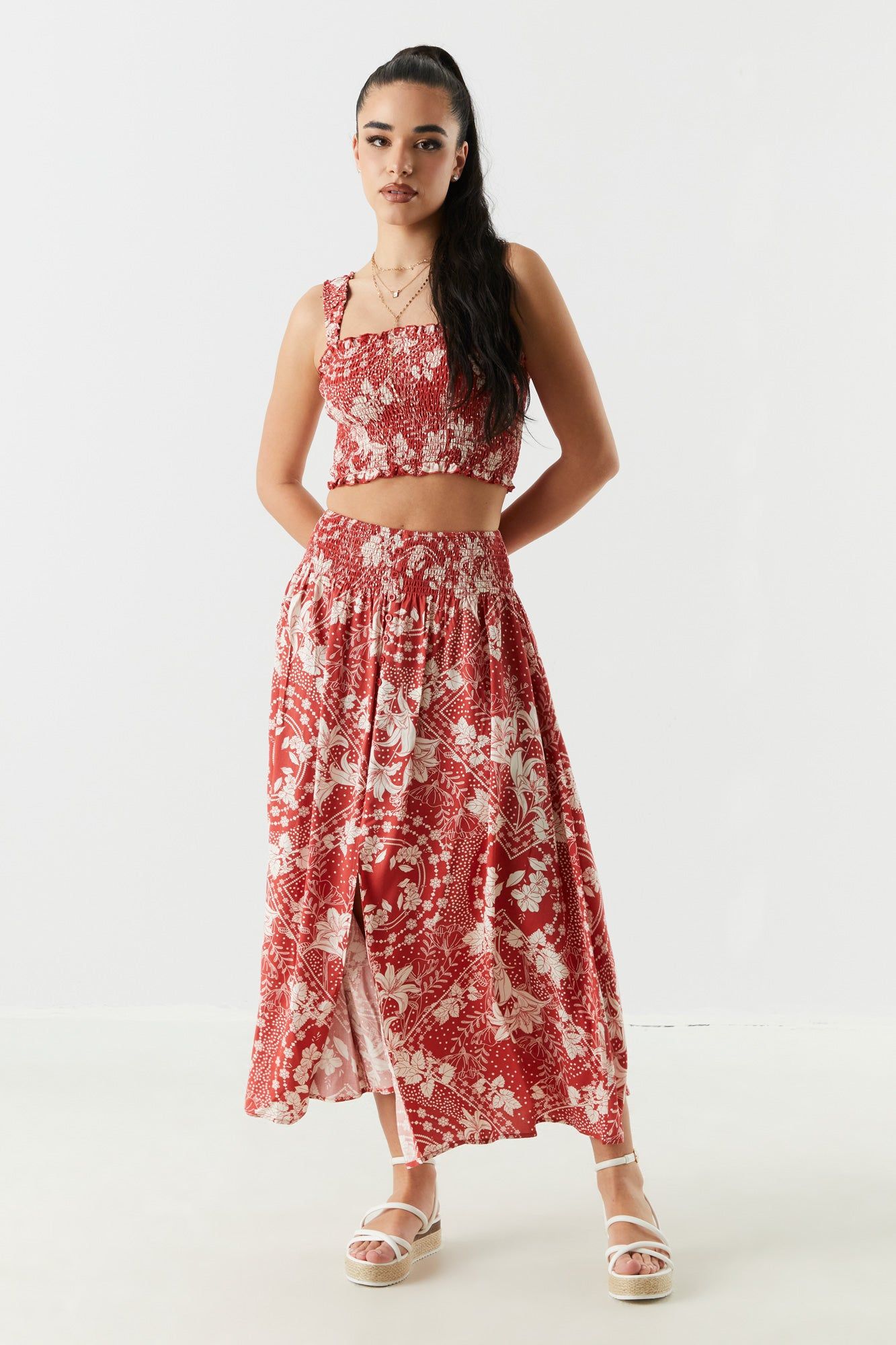 Red Paisley Print Button Front Maxi Skirt sold by Urban Planet