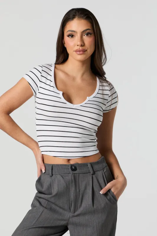 Striped Ribbed Notched Cropped T-Shirt sold by Urban Planet