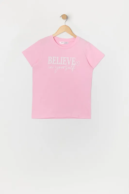 Girls Pink Believe in Yourself Graphic T-Shirt sold by Urban Planet