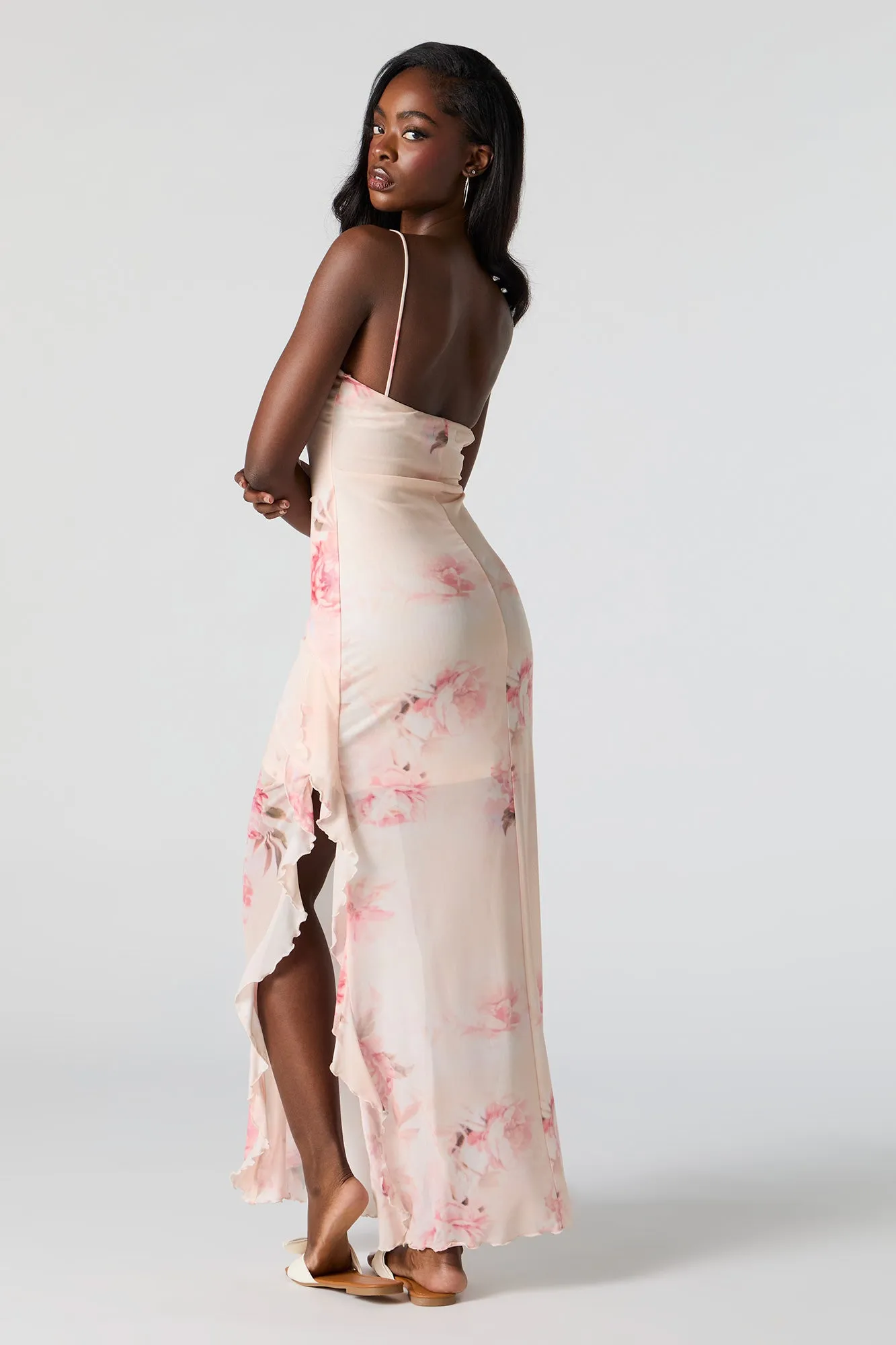 Robe maxi volantée en filet fleuri avec fente sold by Urban Planet product image thumbnail 4