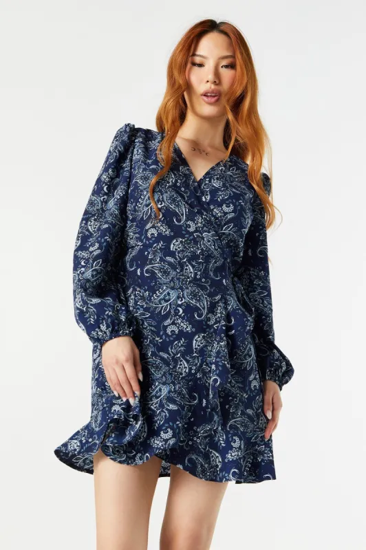 Navy Floral Long Sleeve Wrap Dress sold by Urban Planet