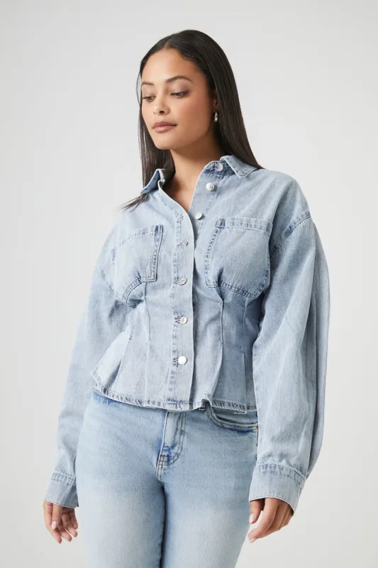 Pleated Denim Button-Up Top sold by Urban Planet