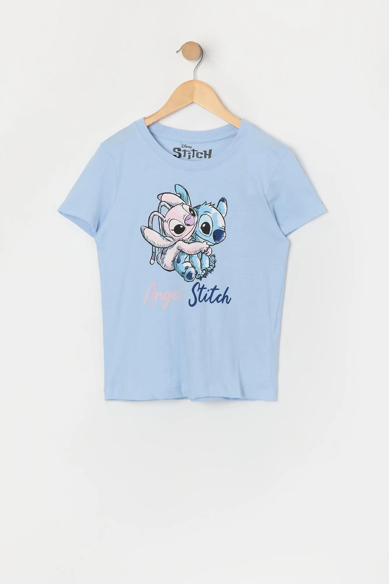 Girls Stitch and Angel Graphic Blue T-Shirt sold by Urban Planet