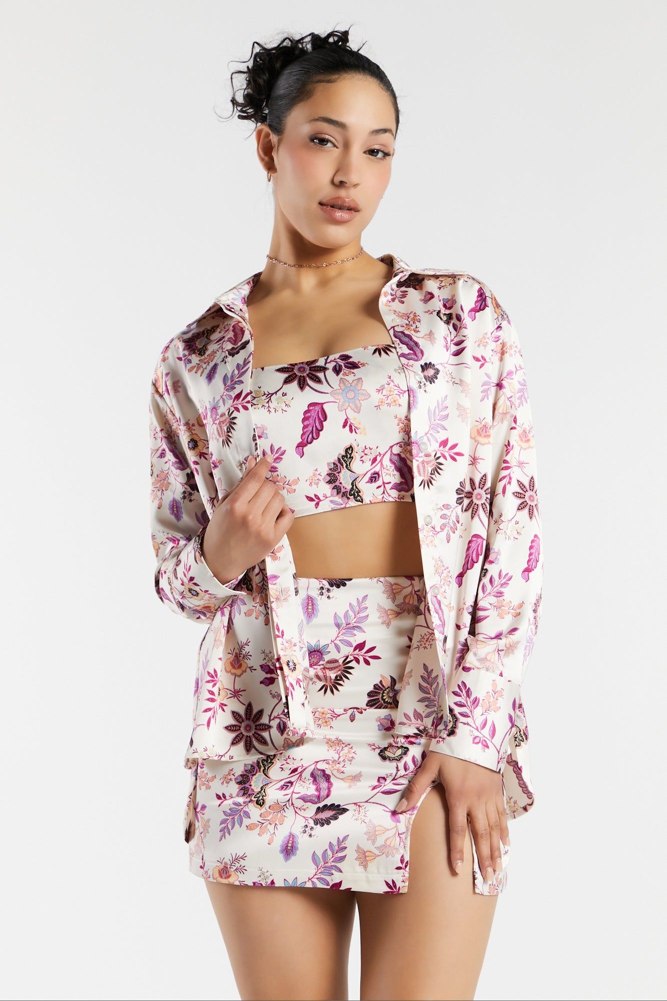 White Floral Print Satin Slit Mini Skirt sold by Urban Planet