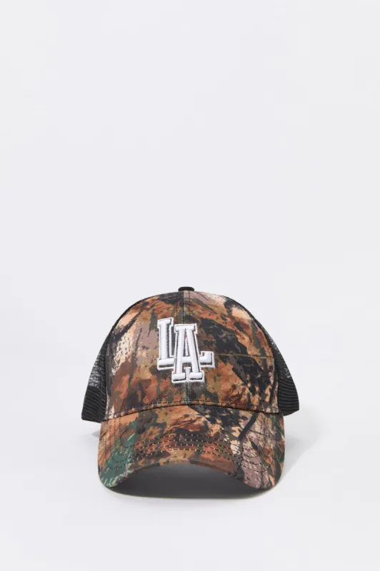 LA Embroidered Camo Print Trucker Hat sold by Urban Planet