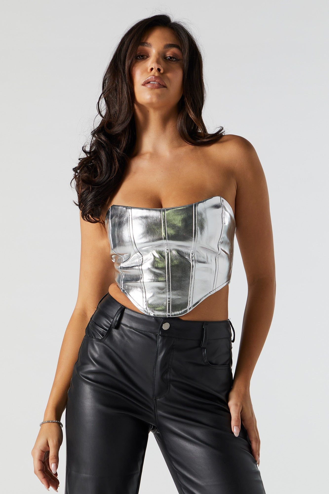 Silver Faux Leather Corset Top sold by Urban Planet product image thumbnail 3
