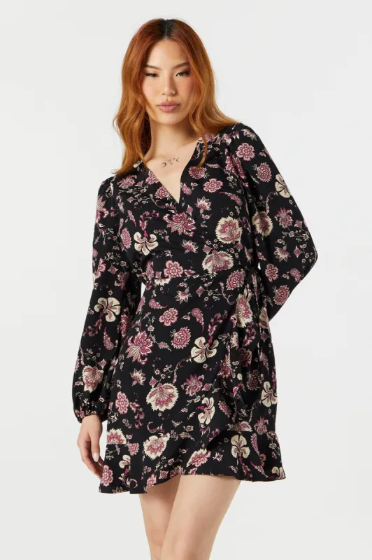 Black Floral Long Sleeve Wrap Dress sold by Urban Planet