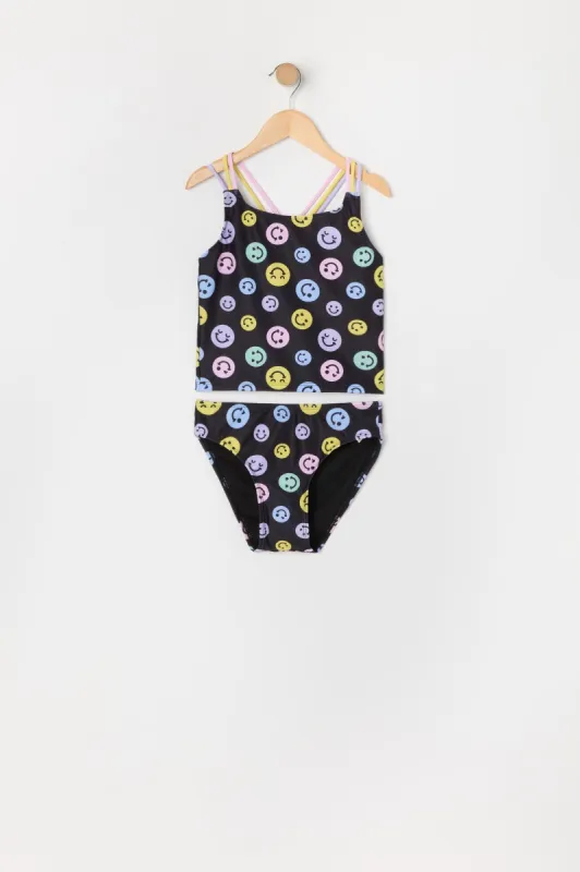 Girls Happy Face Print Tankini 2 Piece Swimsuit with Built-In Cups sold by Urban Planet