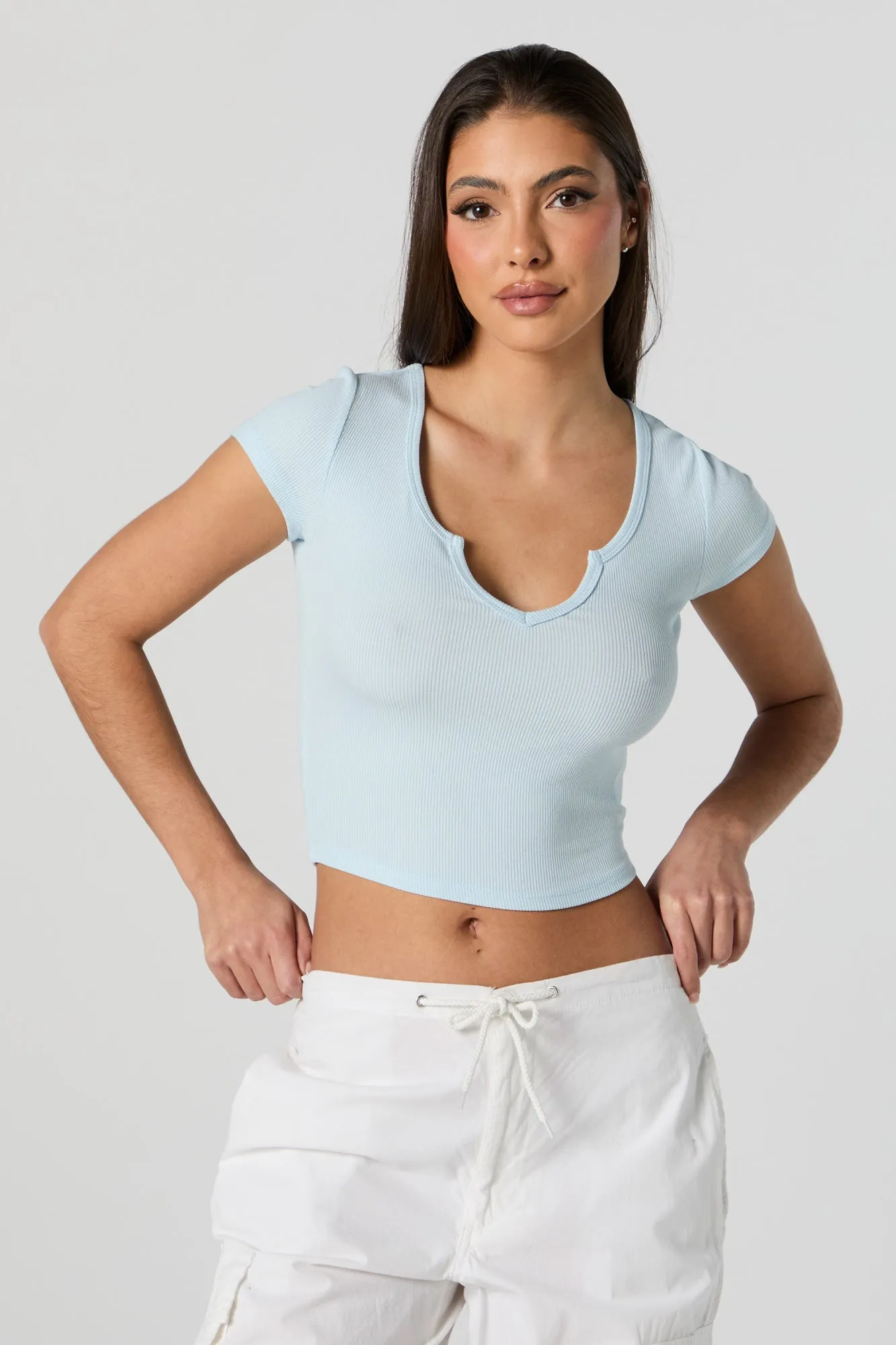 Ribbed Notched Cropped T-Shirt sold by Urban Planet