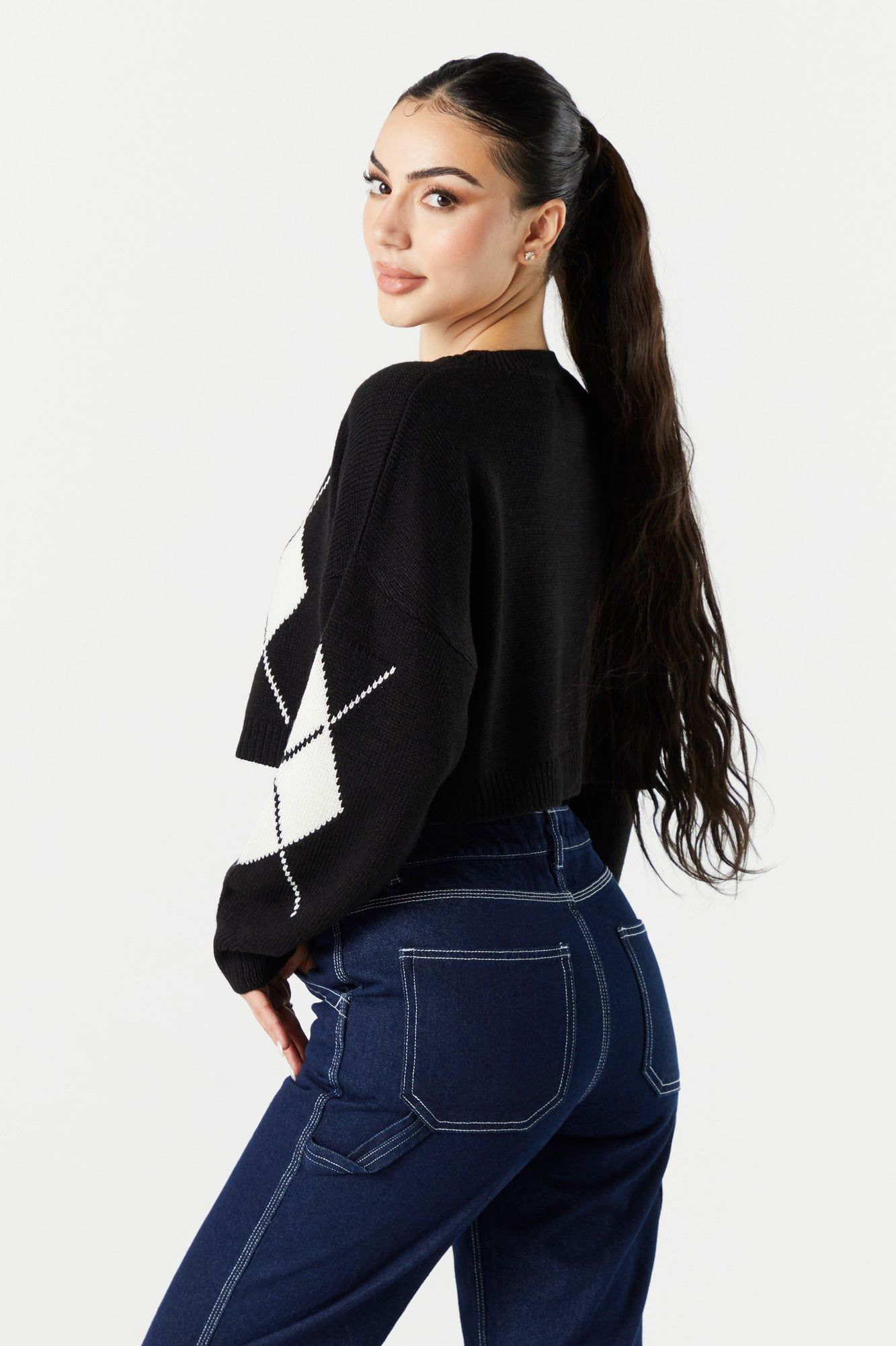 Black Cropped Argyle Sweater sold by Urban Planet product image thumbnail 2