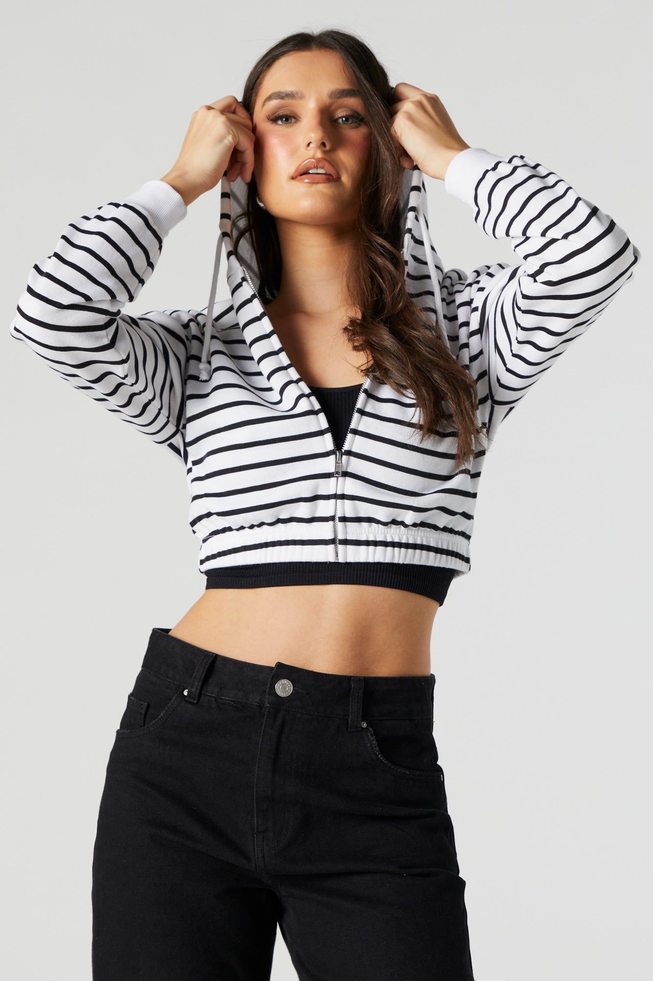 Striped Zip Up Cropped Fleece Hoodie sold by Urban Planet