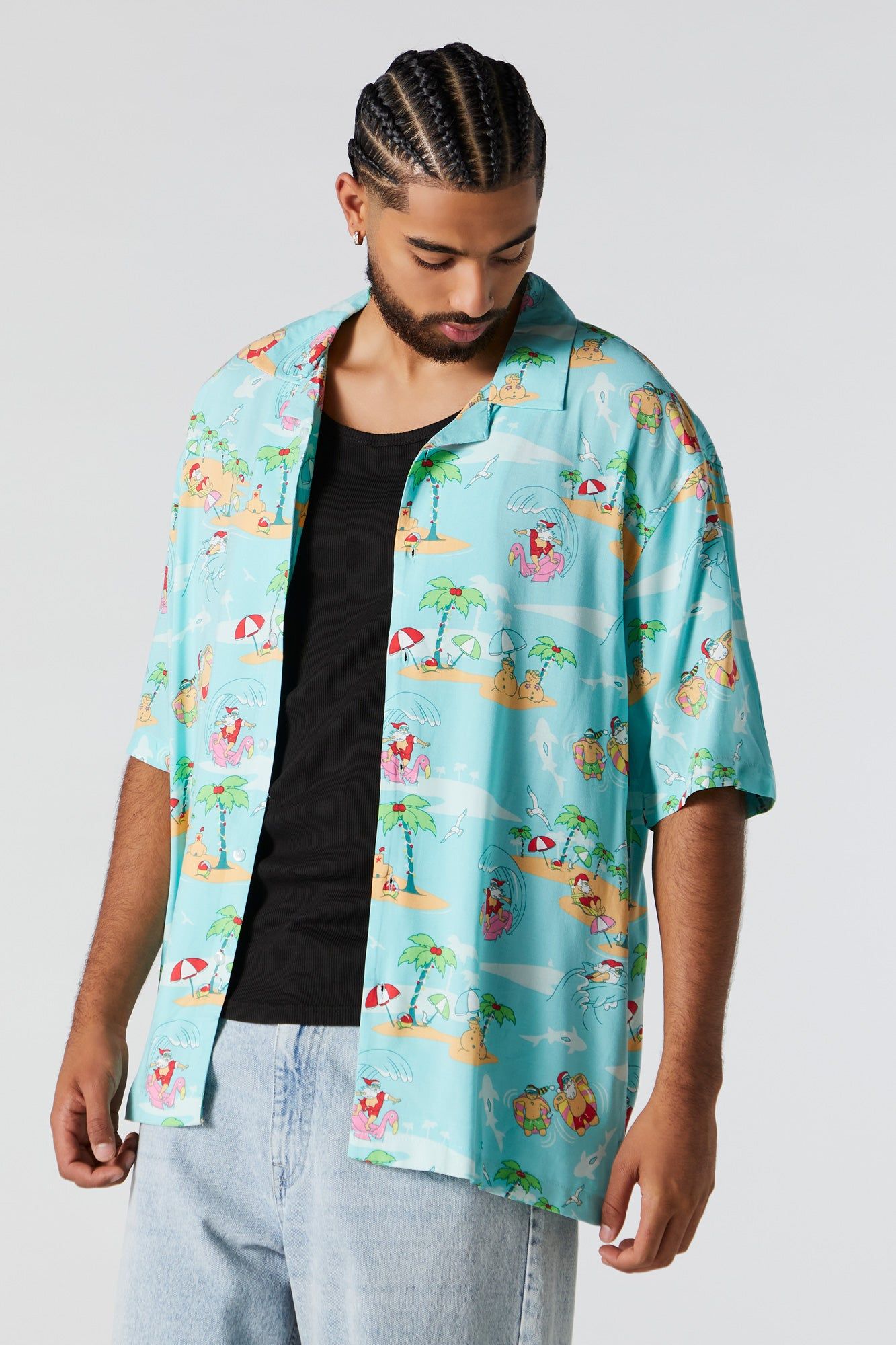 Tropical Santa Print Button-Up Top sold by Urban Planet