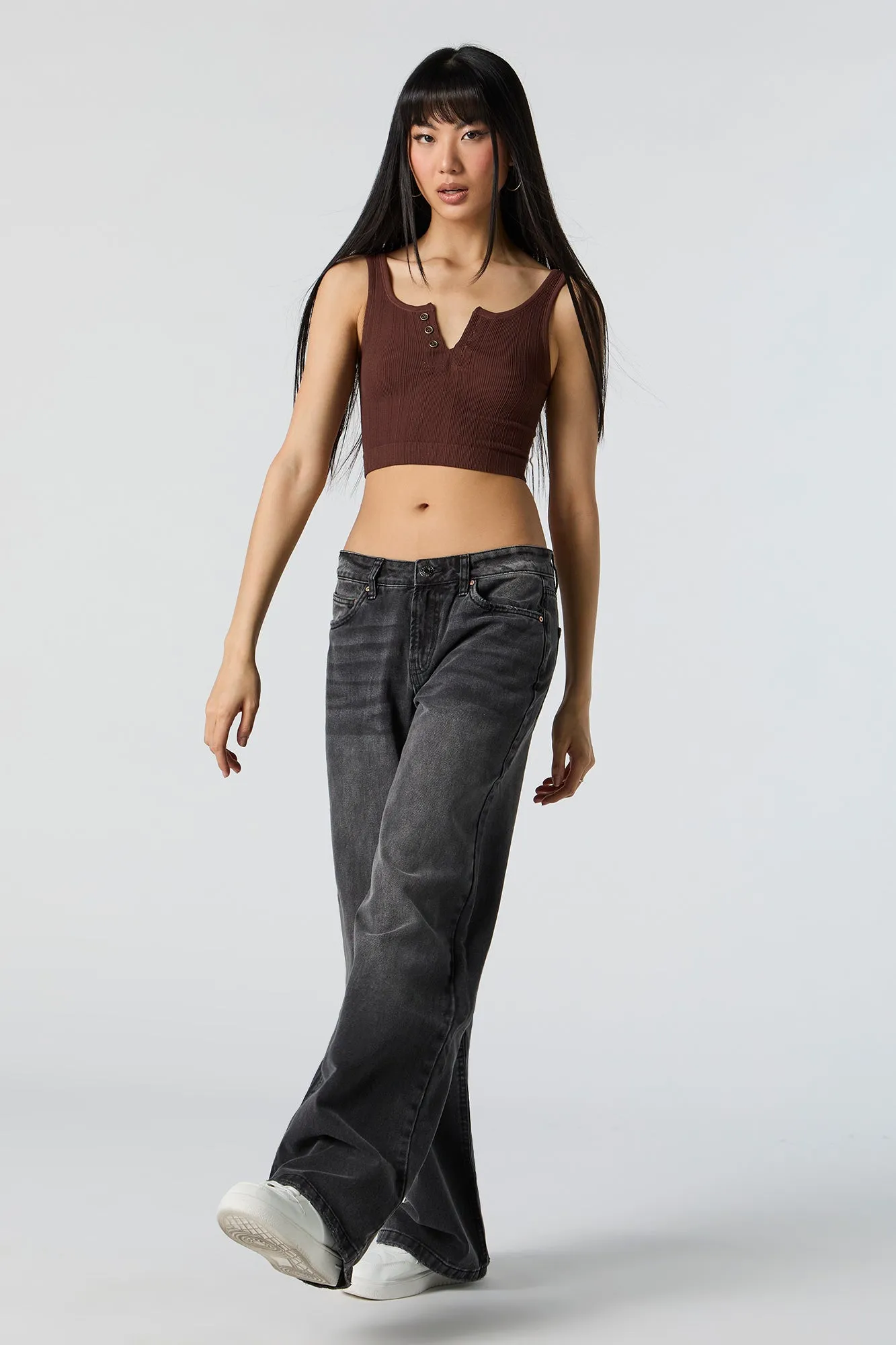 Seamless Ribbed Cropped Henley Tank sold by Urban Planet product image thumbnail 3