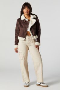 Blouson de style moto en similisuède doublé de Sherpa sold by Urban Planet
