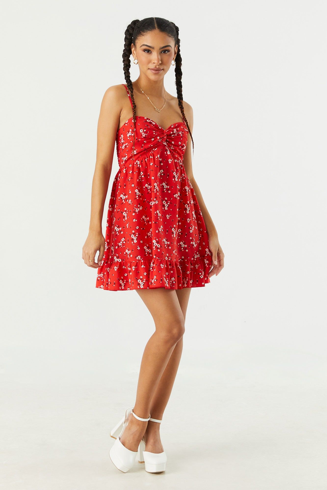 Red Floral Front Twist Babydoll Dress sold by Urban Planet product image thumbnail 3