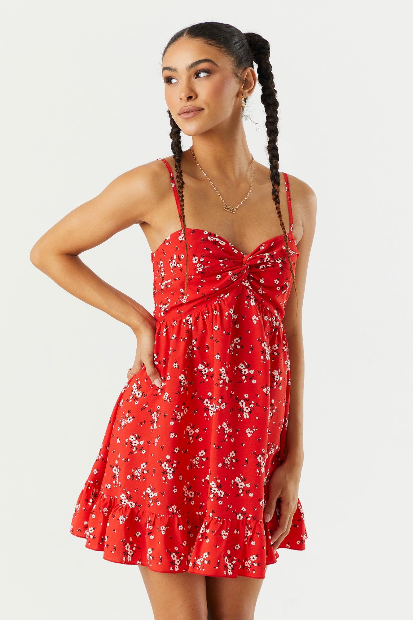 Red Floral Front Twist Babydoll Dress sold by Urban Planet