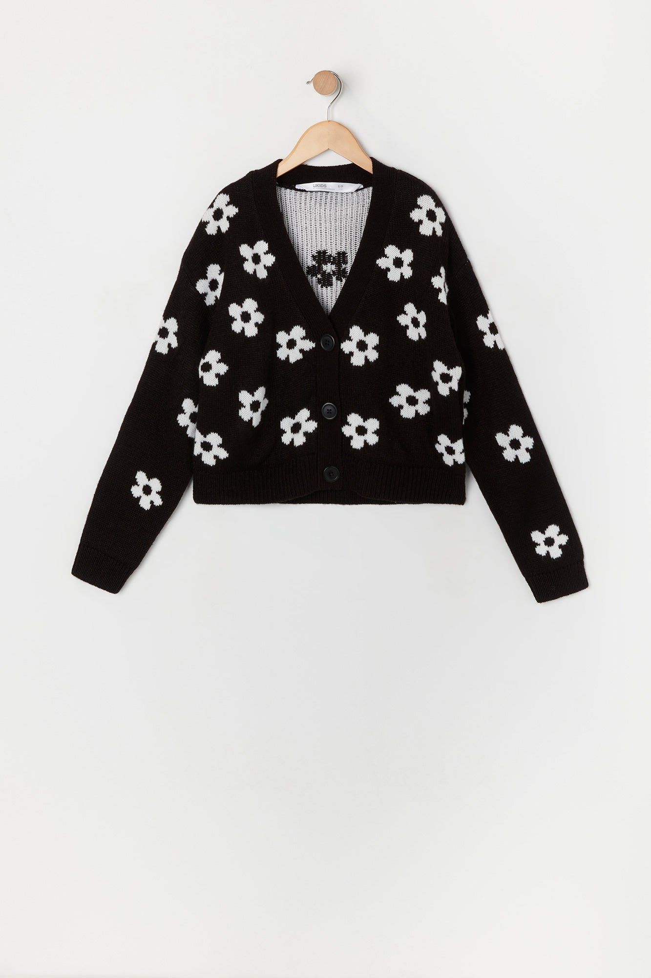 Girls Black Flower Jacquard Knit Cardigan sold by Urban Planet