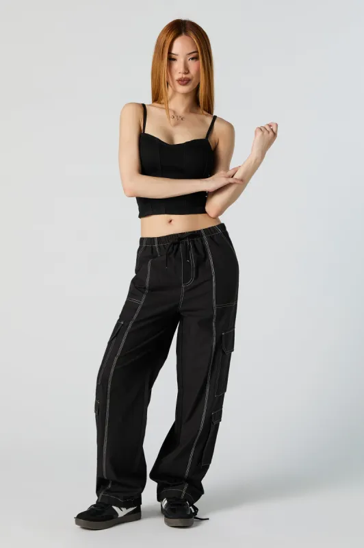 Black with White Stitching Straight Leg Cargo Jogger sold by Urban Planet