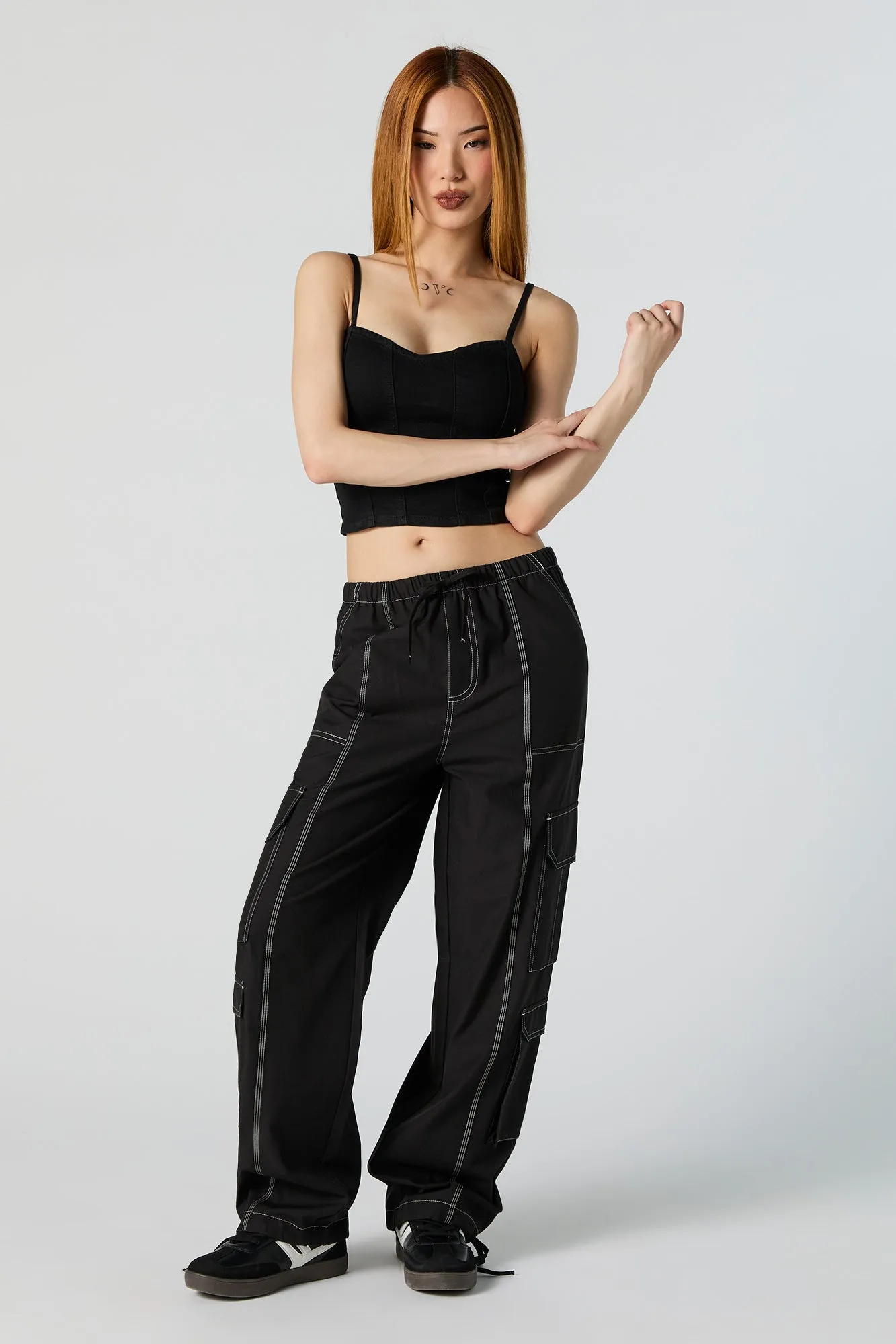 Black with White Stitching Straight Leg Cargo Jogger sold by Urban Planet