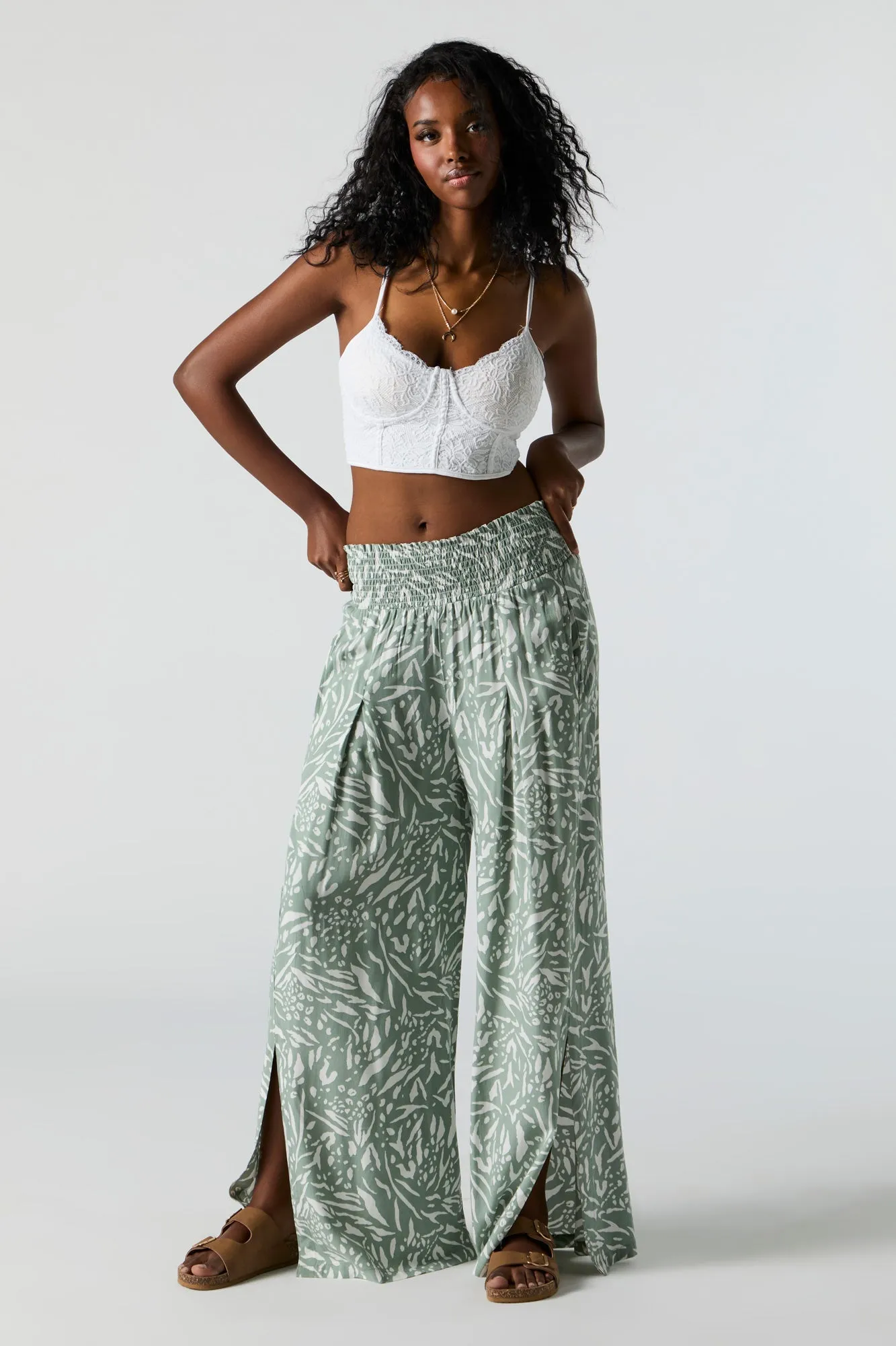 Green Abstract Print Smocked Palazzo Pant sold by Urban Planet