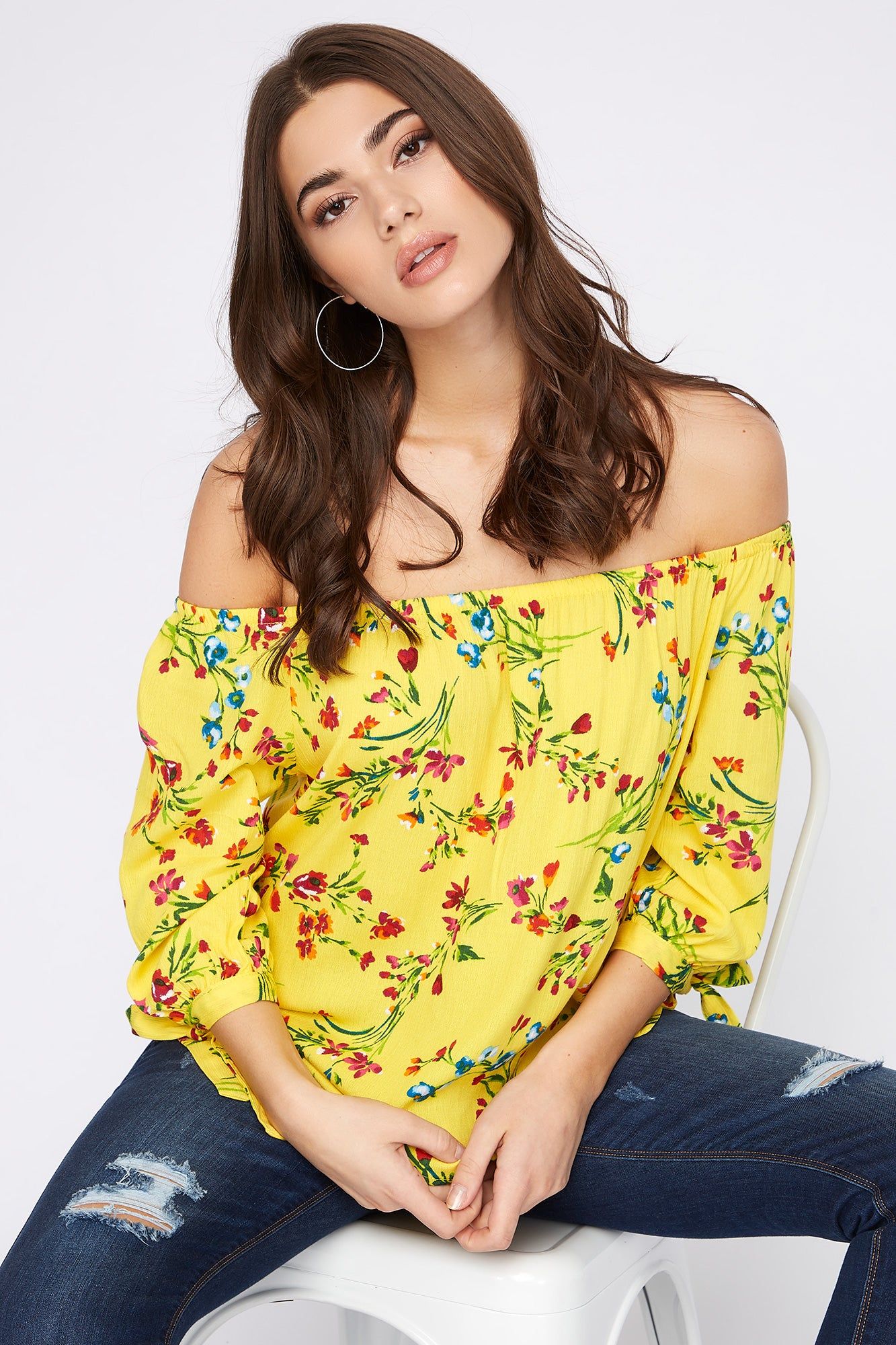 Printed Off the Shoulder Self-Tie Long Sleeve Blouse sold by Urban Planet