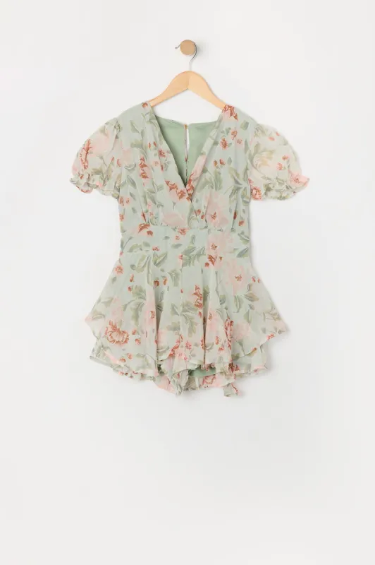 Combi-short en chiffon fleuri vert avec manches bouffantes pour fille sold by Urban Planet