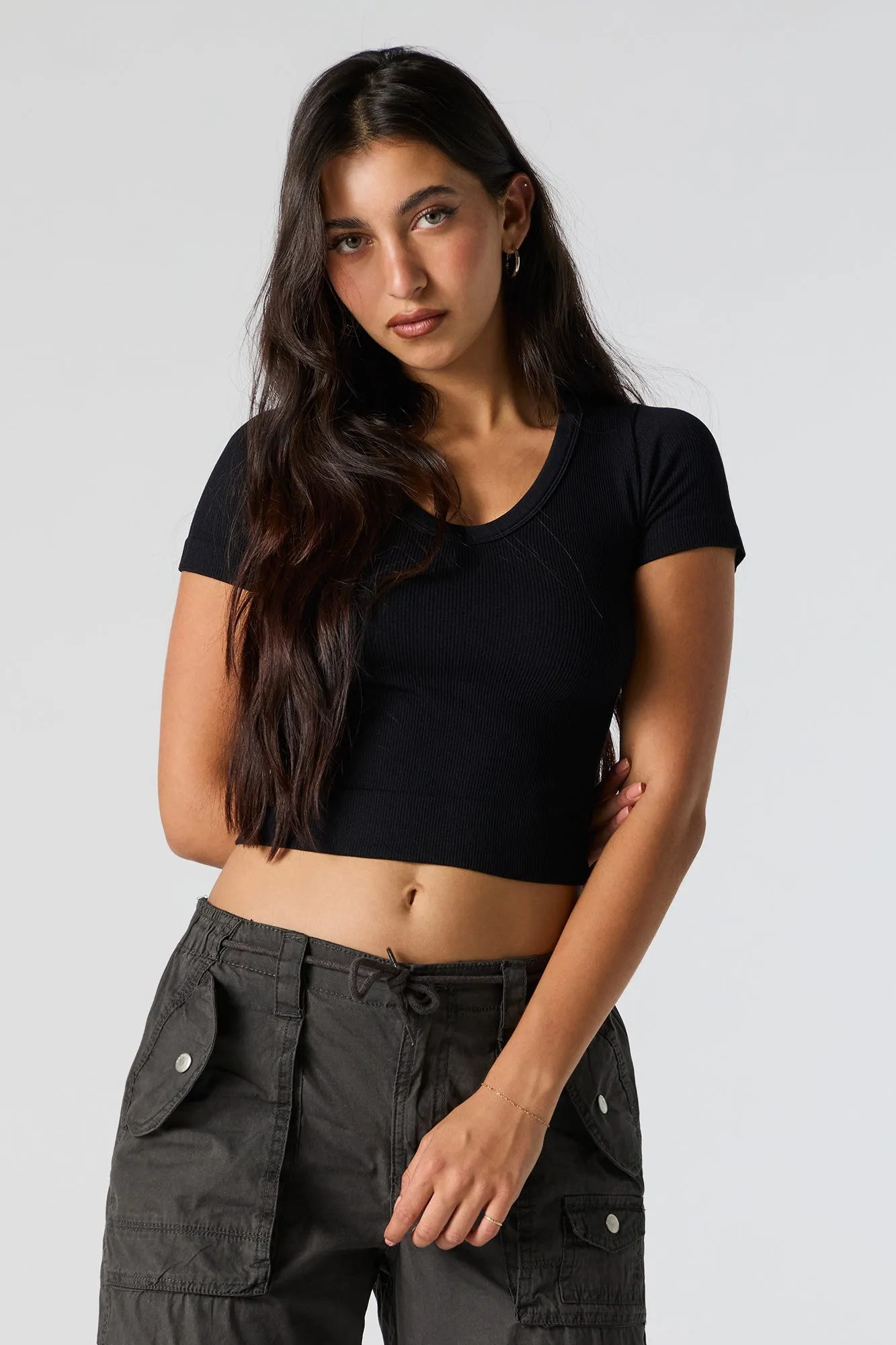 Solid Ribbed V-Neck Cropped T-Shirt sold by Urban Planet product image thumbnail 5