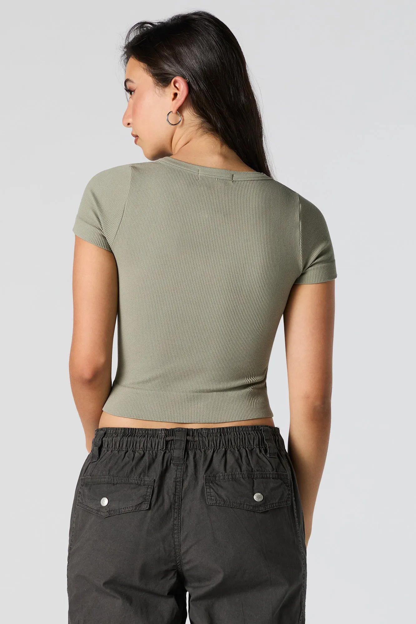 Solid Ribbed V-Neck Cropped T-Shirt sold by Urban Planet product image thumbnail 2