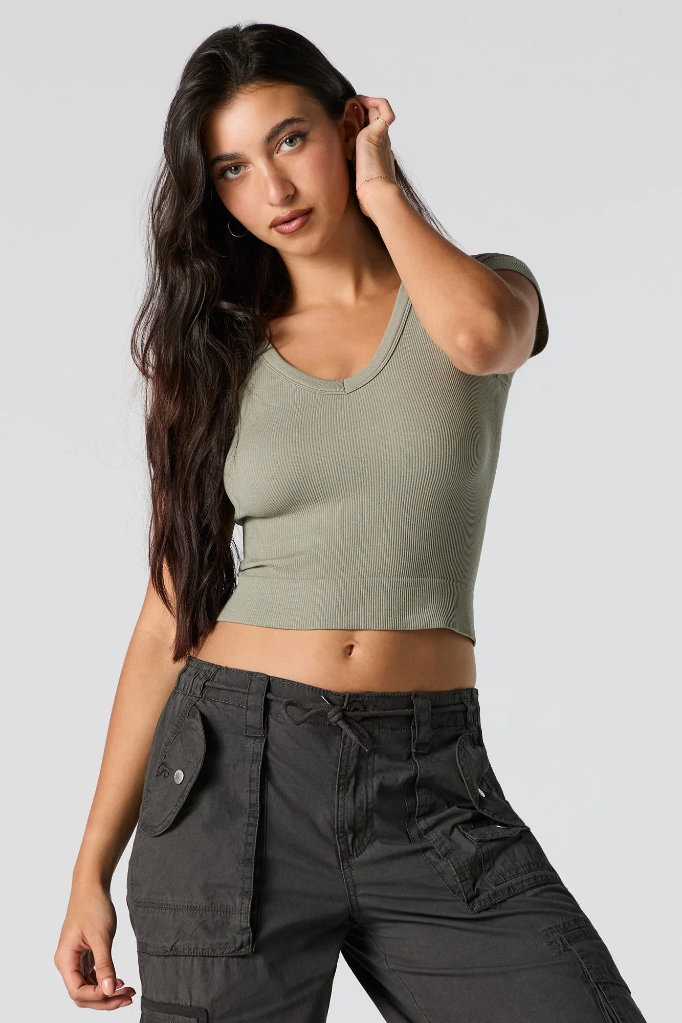Solid Ribbed V-Neck Cropped T-Shirt sold by Urban Planet product image thumbnail 4