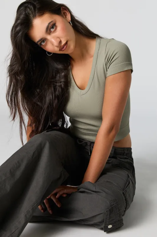 Solid Ribbed V-Neck Cropped T-Shirt sold by Urban Planet