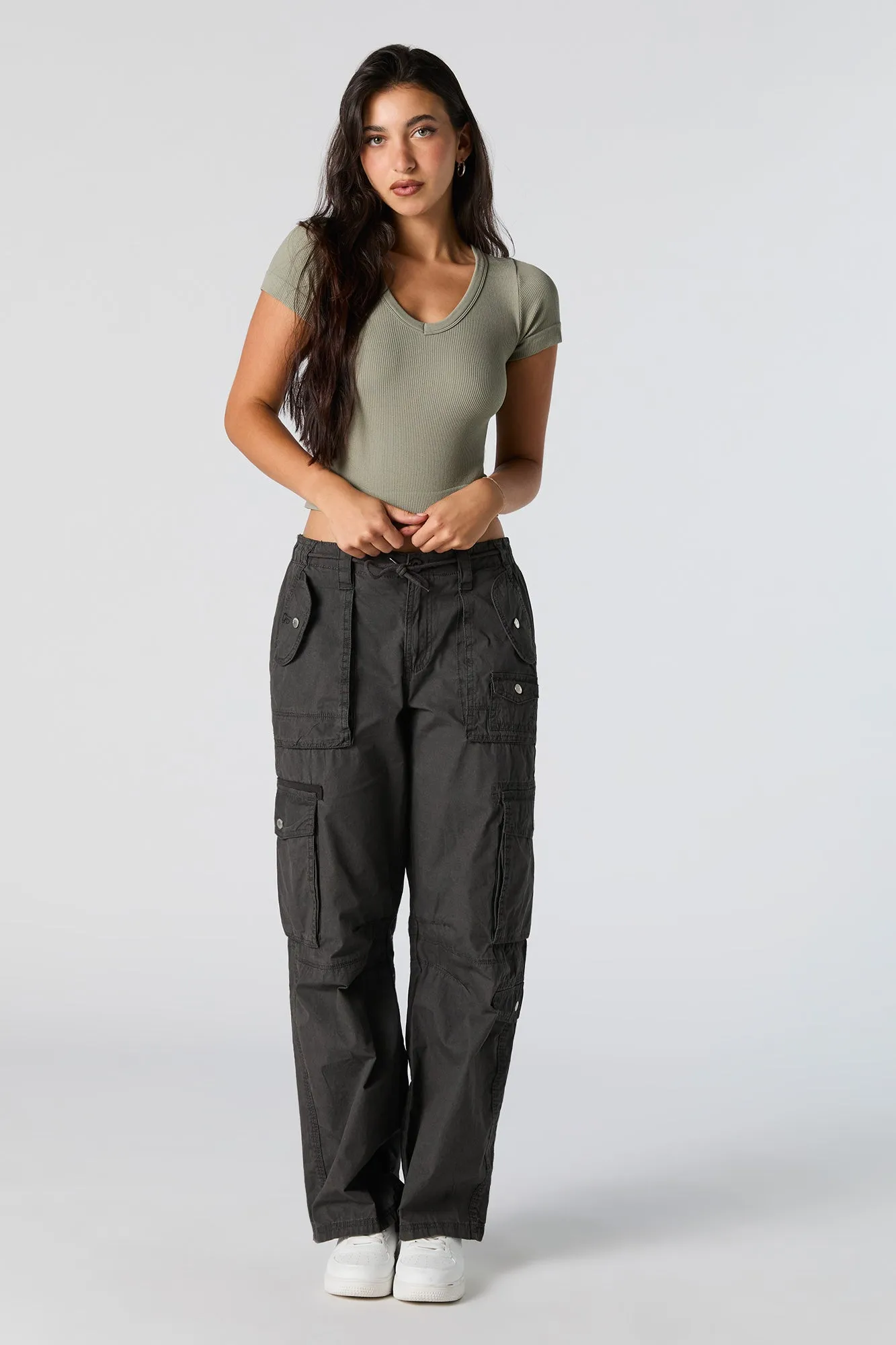 Solid Ribbed V-Neck Cropped T-Shirt sold by Urban Planet product image thumbnail 3