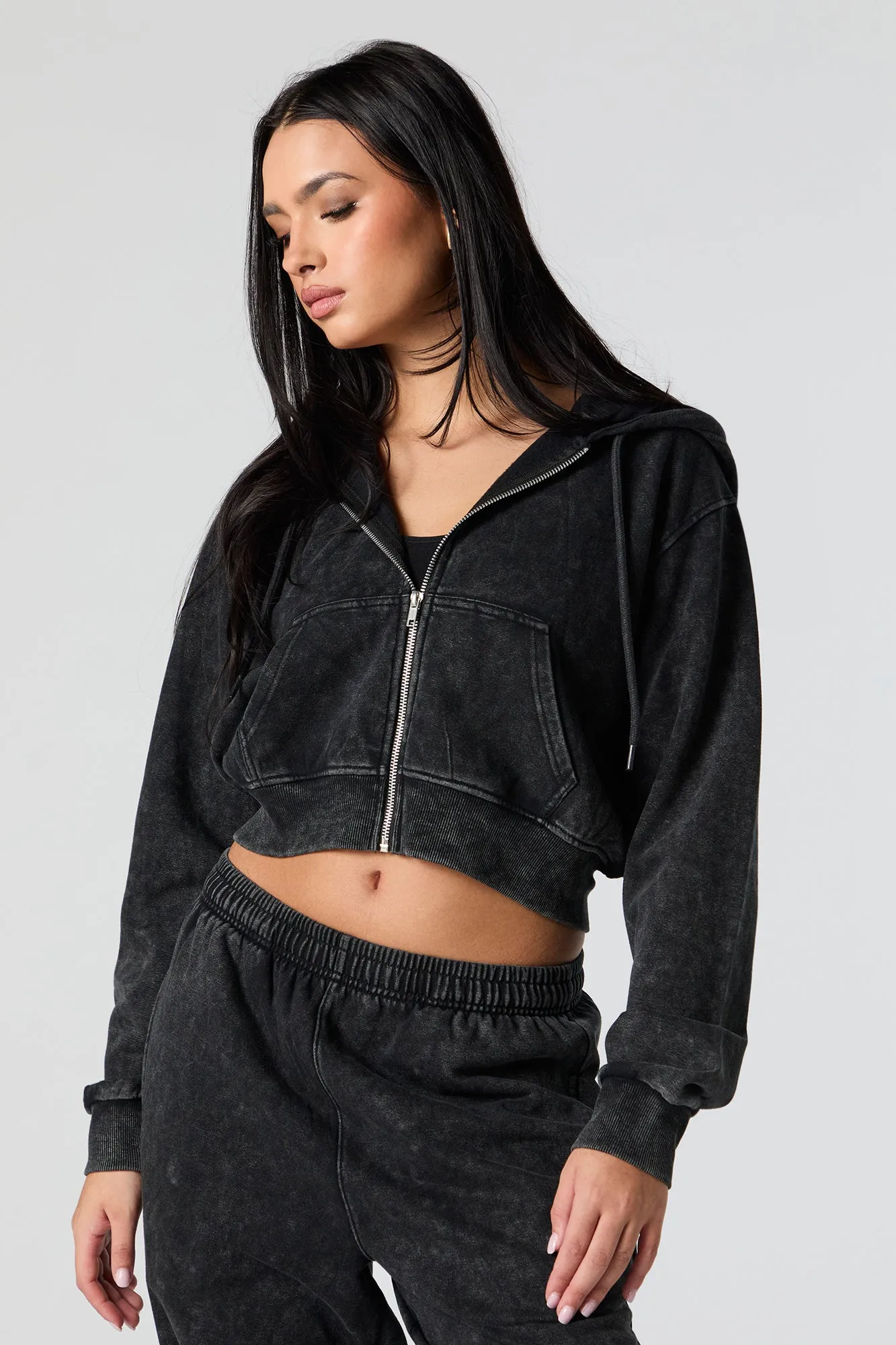 Fleece Washed Zip-Up Cropped Hoodie sold by Urban Planet product image thumbnail 2