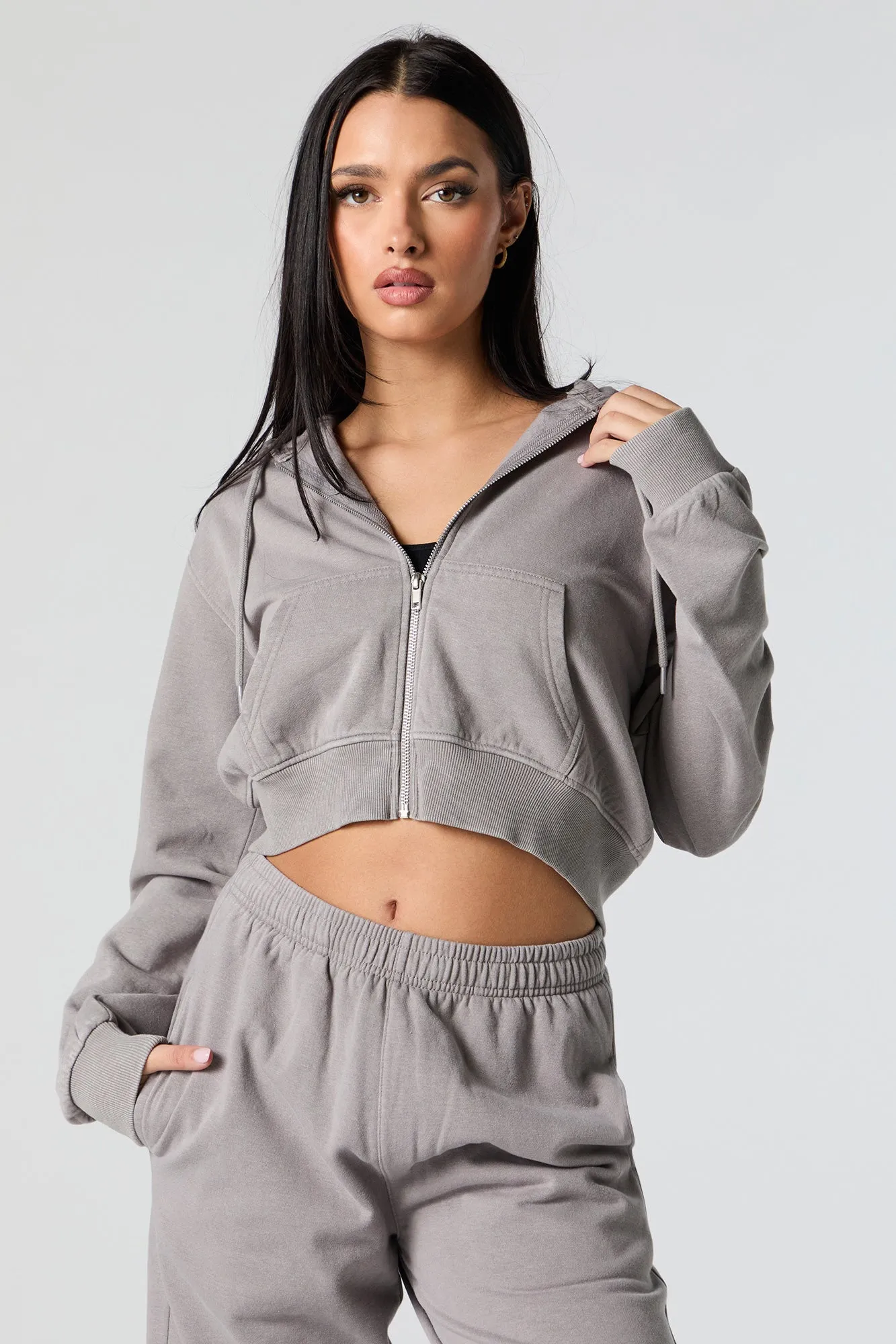 Fleece Washed Zip-Up Cropped Hoodie sold by Urban Planet product image thumbnail 5