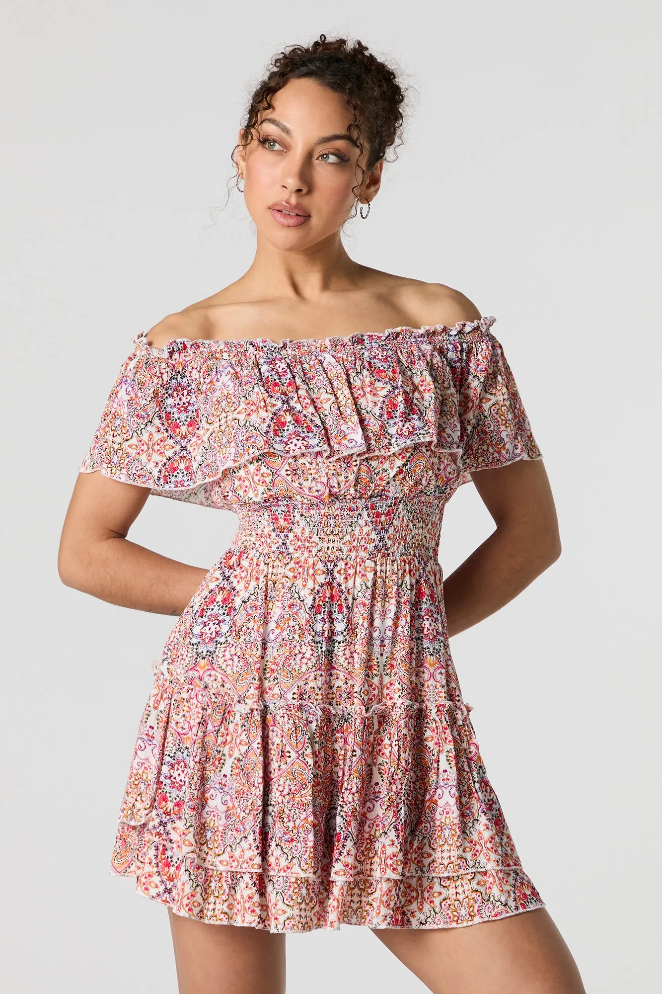 Paisley Print Off Shoulder Tiered Mini Dress sold by Urban Planet