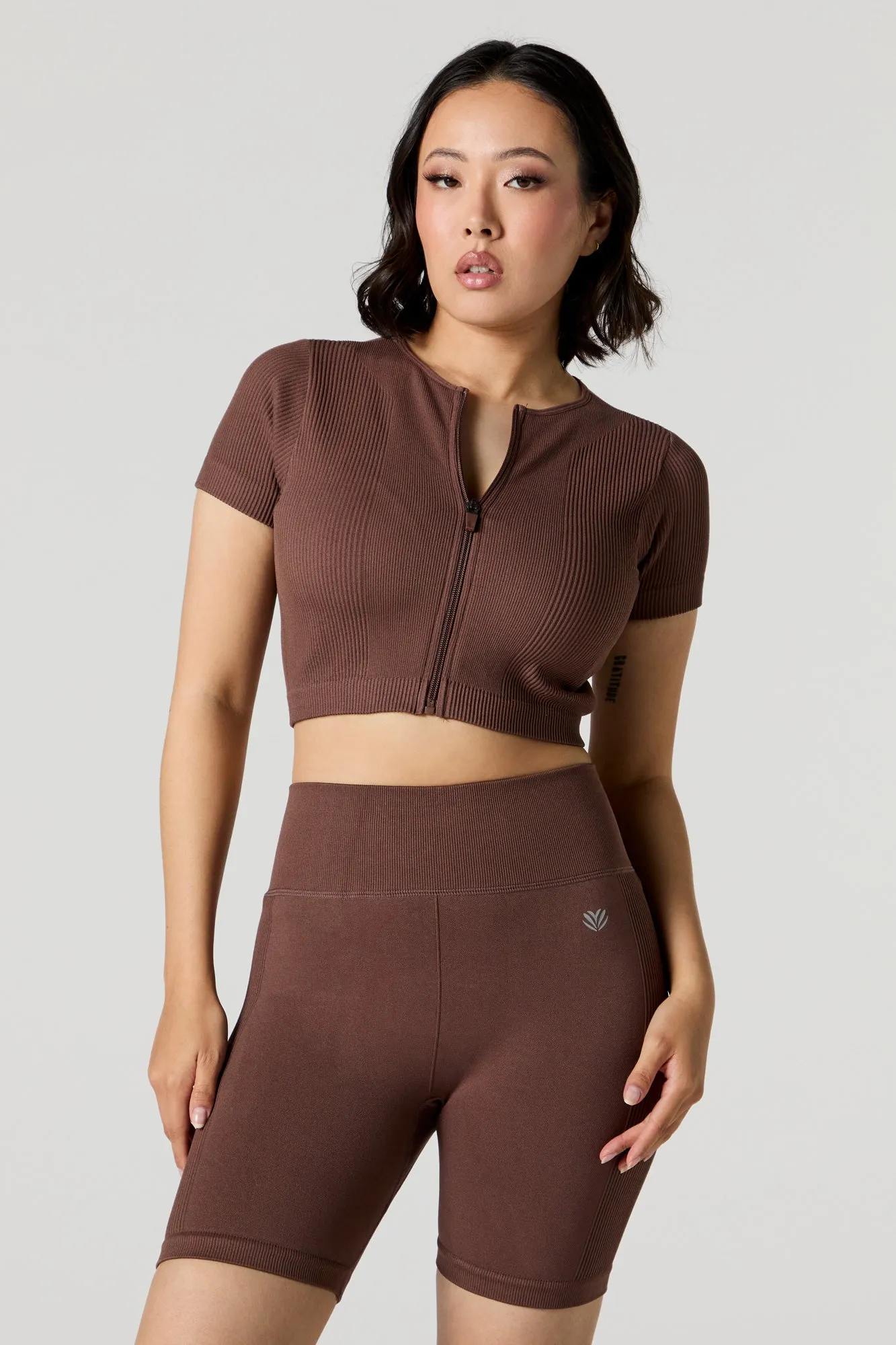 Active Seamless Ribbed Short Sleeve Zip-Up Crop Top sold by Urban Planet product image thumbnail 2