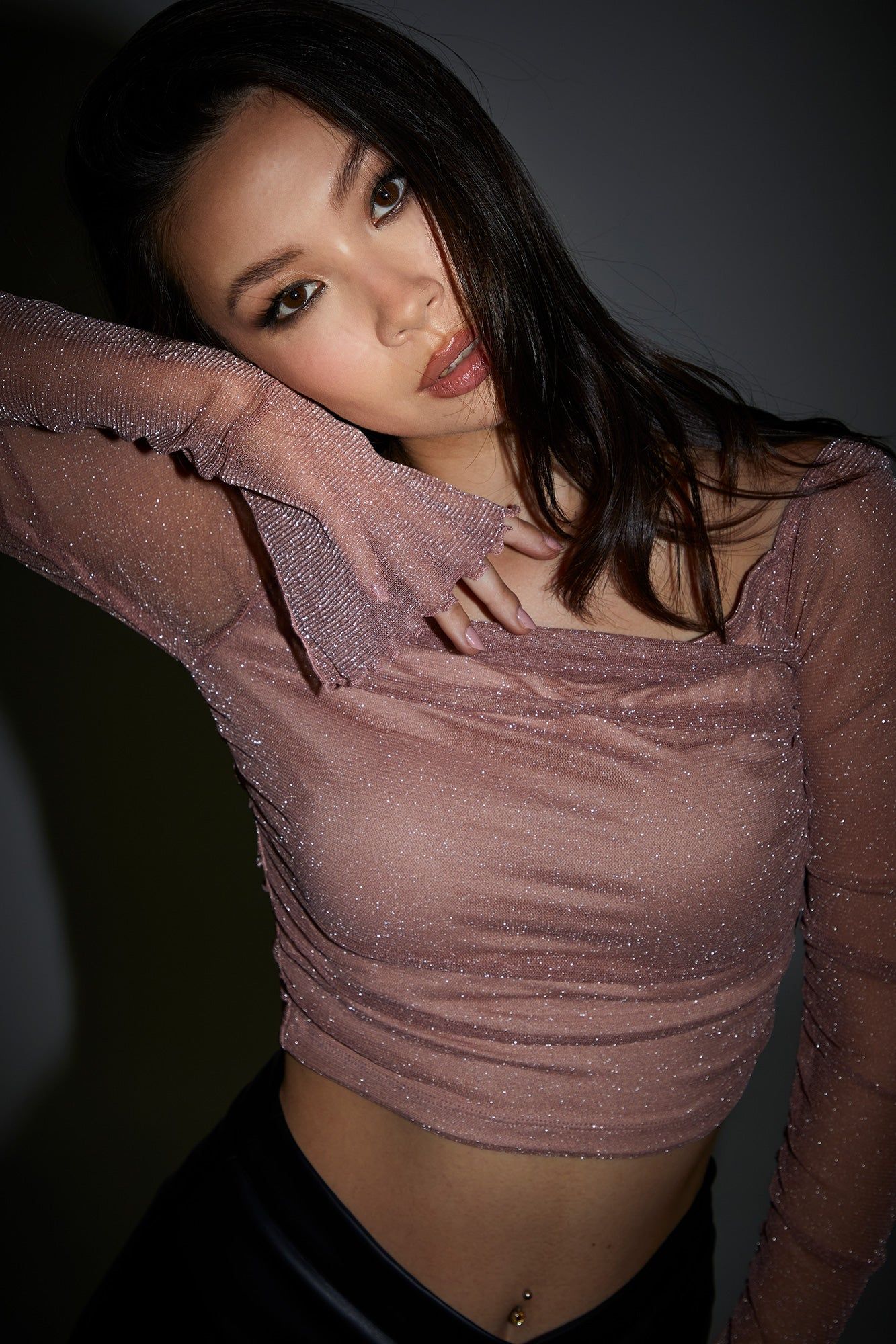 Sparkle Pink Mesh Long Sleeve Top sold by Urban Planet