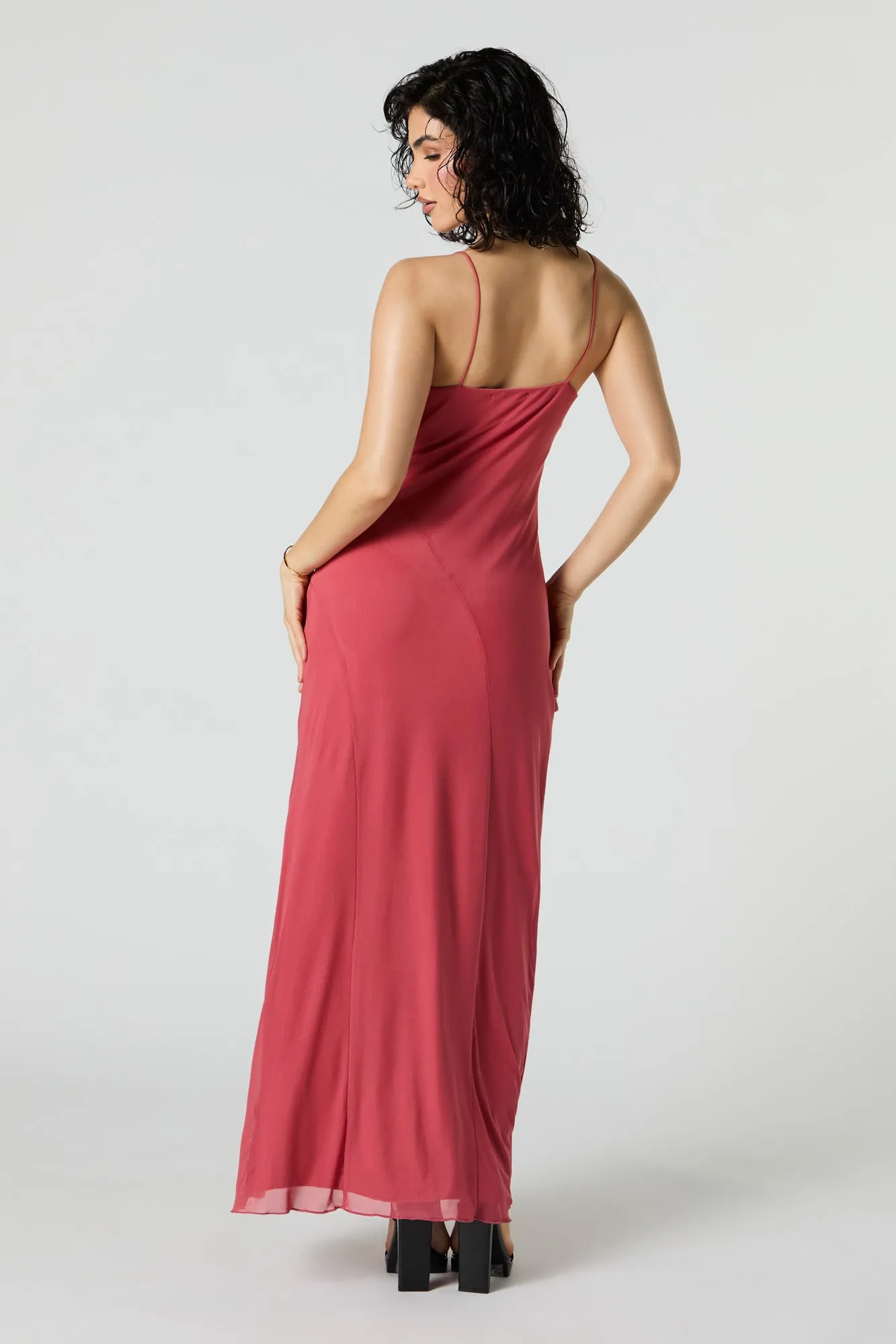 Mesh Overlay Scoop Neck Slit Maxi Dress sold by Urban Planet product image thumbnail 5